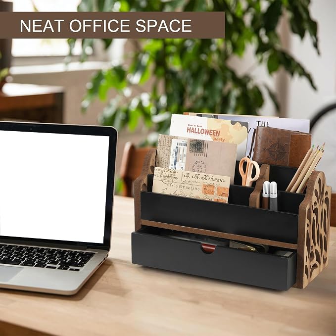 Desk Organizer with Drawer Wood File Office Mail Organizer Countertop-5 Slot Tabletop Storage Pen Organizer Letter Holder for School Home Office Supplies