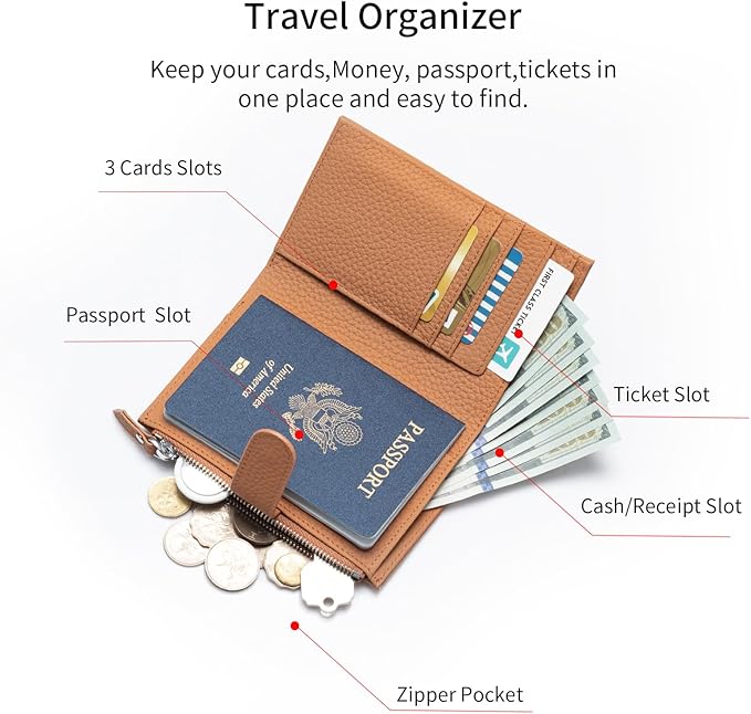 Passport wallet and Card Slot Combo RFID Blocking Slim Leather Travel Passport Wallet for Men and Women with Zippered Coins Pocket Passport holder, Brown