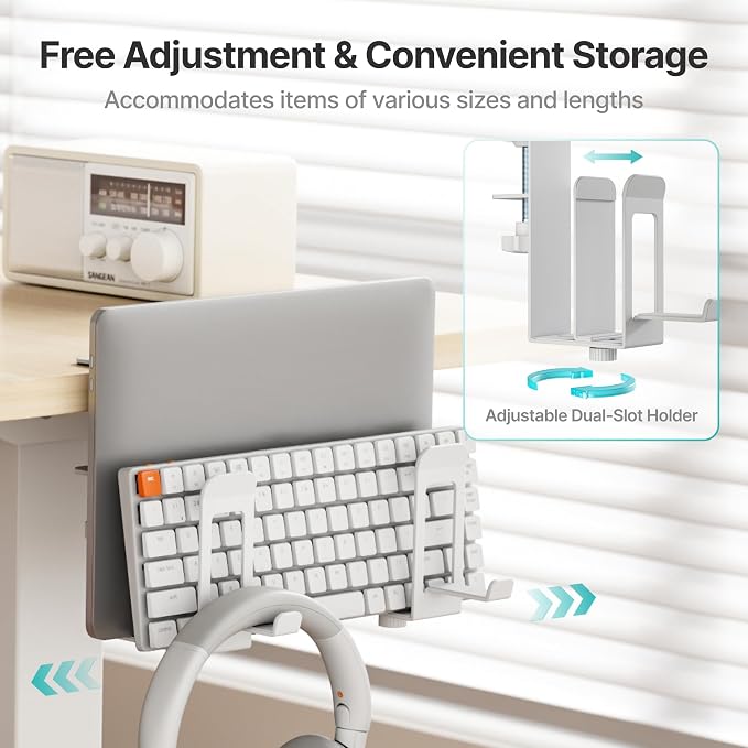 PEGZONE Laptop Stand Vertical, 2-Slot Under Desk Laptop Holder, White | Desk Side Storage with Headphone Holder, Laptop Organizer for Office Gaming