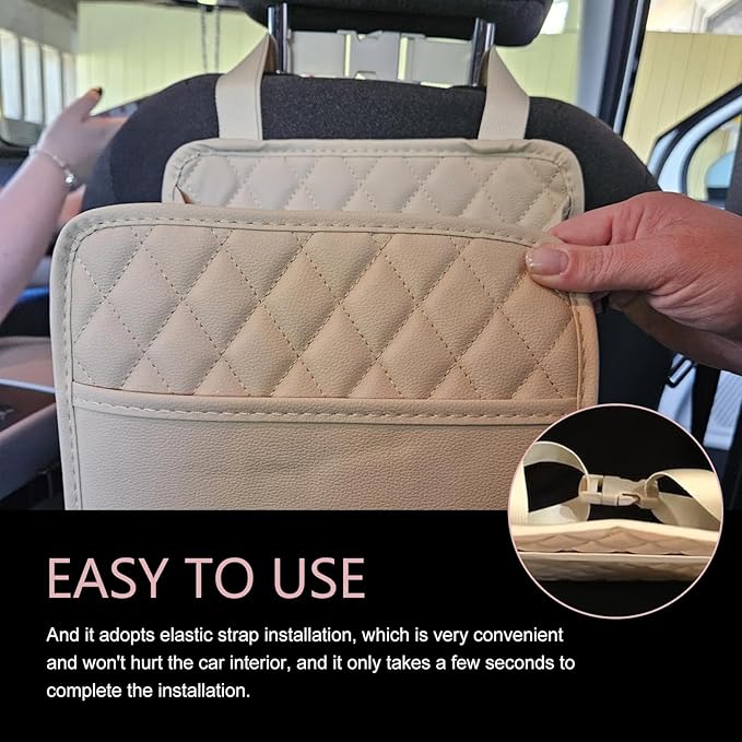 Car Seat Back Organizer, PU Leather Auto Hanging Storage Pocket, Multipurpose Upgrade Waterproof Back Seat Organizer, Travel Essential Accessory, Universal for Most Cars (Beige)