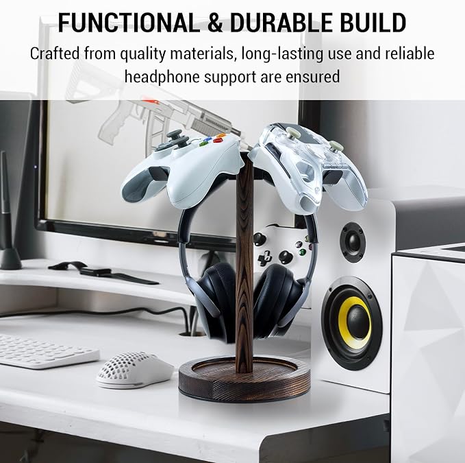 MyGift Industrial Matte Black Metal Headphone Stand with Burnt Wood Tray – Desktop Headset and Gaming Controller Holder for Office, Studio, or Console Setup