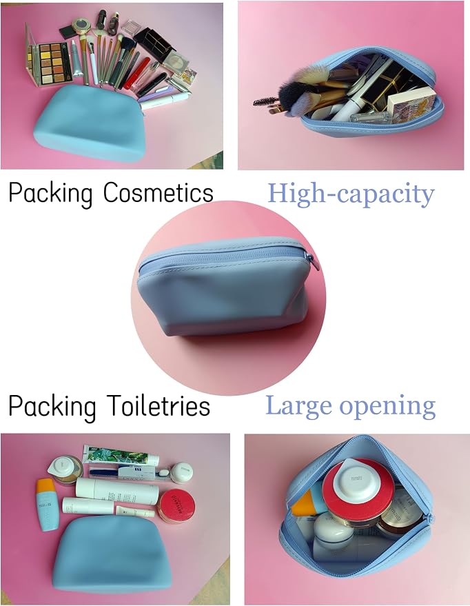 Foldable Silicone Makeup Bag Large Capacity and Lightweight Toiletry Bag for Travel Waterproof Cosmetic Bag with Zipper for Women Girls (blue)
