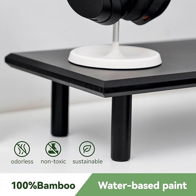 Bamboo Dual Monitor Stand Riser with Underneath Storage, Ergonomic Desk Shelf Supports PC Computer Monitor, Printer, TV for Home, Office, Black