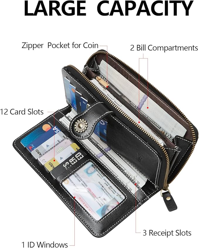 TFKGS Wallet for Women RFID Blocking Leather Large Capacity Card Holder Ladies Phone Clutch Travel Long Purse Wristlet | RFID Blocking, Leather, Large Capacity, Ladies, Travel