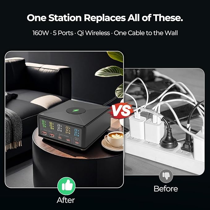 160W Desktop Charging Station 6-in-1: USB-C PD 65W Laptop Charger, QC 3.0, Qi Wireless Pad, Per-Port Digital Display On/Off ??for MacBook, iPhone, Samsung, Pixel