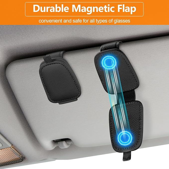 Sunglasses Holders for Car Visor, 2 Pack Magnetic Leather Sunglass Clip for Car Visor, Car Glasses Holder and Ticket Card Clip, Eyeglass Holder for Car Visor Accessories (Black)