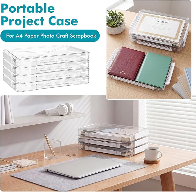 Novabright 3 Pack Clear Plastic File Boxes with Handle Portable Project Case Storage Bin with Lid Transparent Stackable Container Document Magazine Protector for A4 Paper Photo Scrapbook (White)