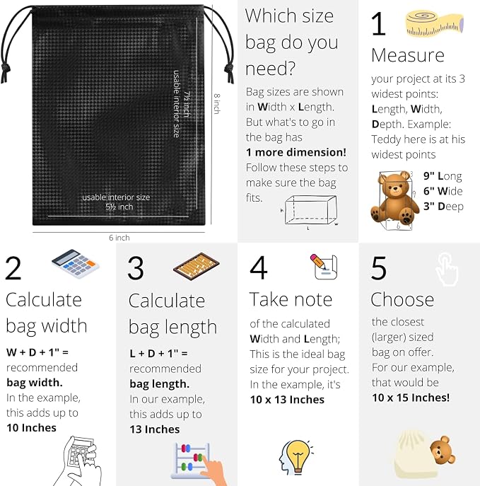PALTERWEAR Tech-Weave PU-Coated Drawstring Bags (Set of 5) Water-Resistant, Directional-Stretch Travel Organizers for Goody Bag, Toiletries, Tech Gear, Charger - Wipe-Clean (Black 3D, 6 x 8 Inch)