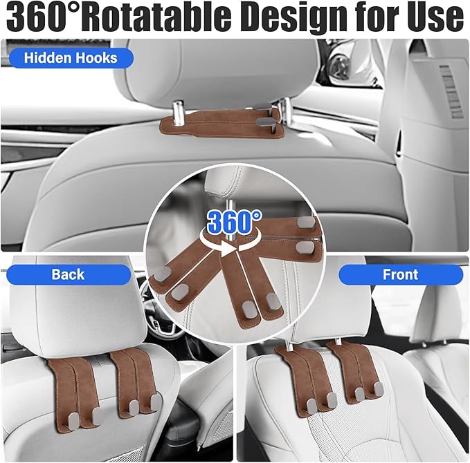 TwinHook Leather Car Headrest Hangers, Car Headrest Hooks for Purse and Bags, 2-in-1 Leather Car Seat Back Storage Hook, Anti-Slip Purse Holder for Car, Supports Up to 50 lbs (Brown-2 Pack)