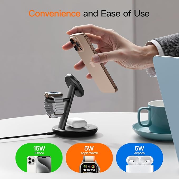for Apple Watch 5W Fast Charger,3 in 1 Wireless Charging Station,for Apple Mag-Safe Charger Stand,Fast Magnetic Wireless Charger Station for iPhone 17 16 15 14 13 12 Series,Airpods,Apple Watch