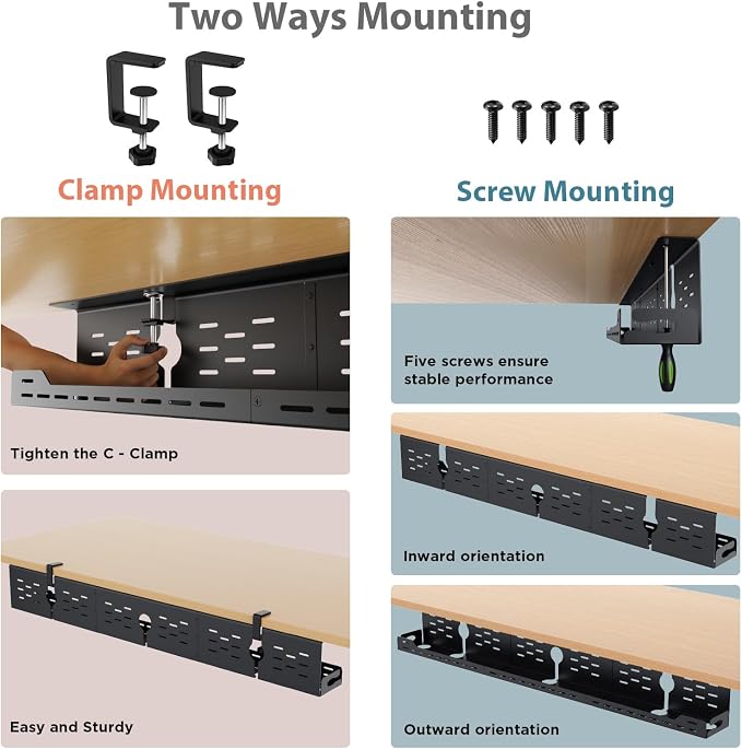Univivi Under Desk Cable Management Tray - 48" Steel Cord Organizer, No-Drill C-Clamp & Screw Mount for Office/Home, Effortless Wire Management (Black)