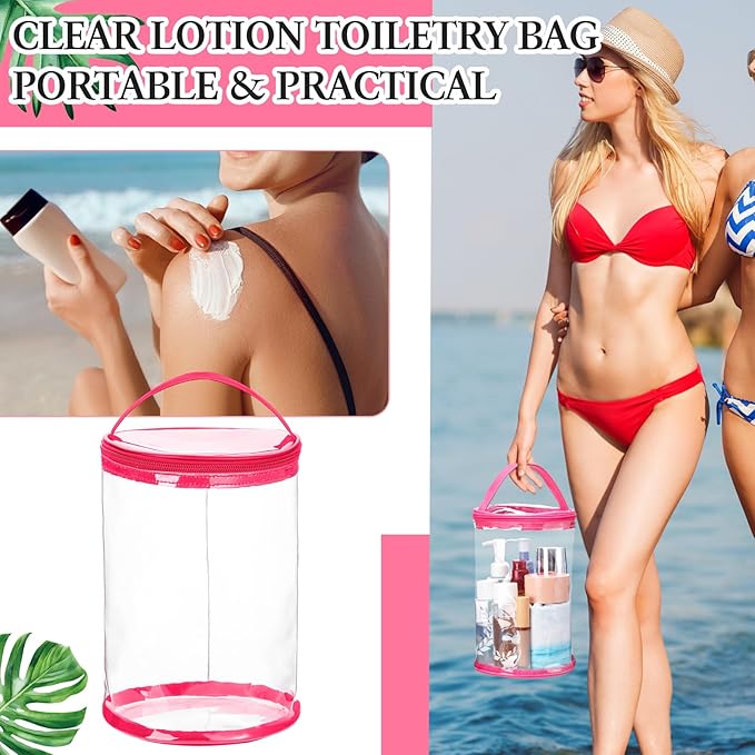 Sanwuta Clear Lotion Bag for Toiletry Sunscreen Cylinder Makeup Bag Heavy Duty Travel Organizer Pouch Waterproof Cosmetic Pouch with Handle Zipper Gift for Summer Beach Pool Airport Women(Hot Pink)