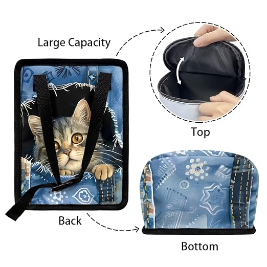 Biyejit Denim Cat Print Car Rubbish Storage Reusable Car Trash Can for Car SUVs Vans, Car Trash Bag Bin Hanging Automotive Car Garbage Cans Leak Proof Vehicle Trash Can