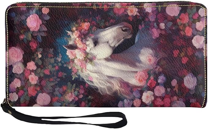 Bulopur Rose Floral Horse Women's Wallet Wristlet Ladies Phone Purse RFID Blocking Card Holder Grip Hand Strap Double Zip PU Leather Waterproof Handbag Purse Gifts