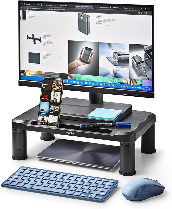 NGS Screen Stand ??Ergonomic Monitor Stand with 3 Adjustable Heights, Non-Slip Feet, Storage Space, ABS Plastic Resistant up to 20 kg, 38 x 24 x 11.5 cm