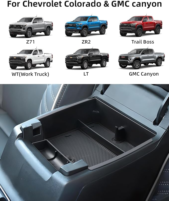 Armrest Organizer for 2025 2024 2023 Chevy Colorado/GMC Canyon, Center Console Organizer with Removable Rubber Mat, Center Console Tray Custom for Chevy Colorado Accessories, Black