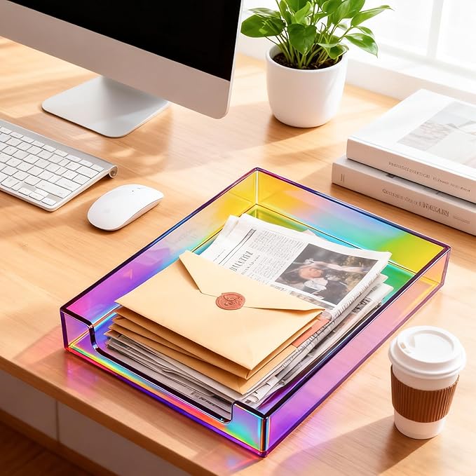 Paper Tray Acrylic File Organizer for Desk Letter Tray Desk Organizer Document Holder Sorter Storage for A4 Office Supplies Magazines, 13.8x10.6x2.4 Inches, Iridescent