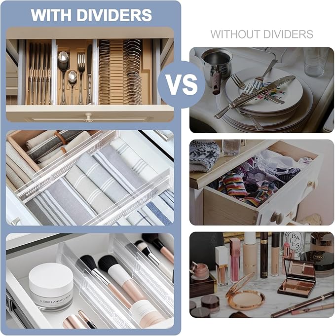 5 Pack Adjustable Drawer Dividers (12.3-18") 6" High Expandable Clear Drawer Dividers for Kitchen, Bedroom & Office Dresser Drawer Organizers for Clothes, Utensils and Baby Nursery Storage