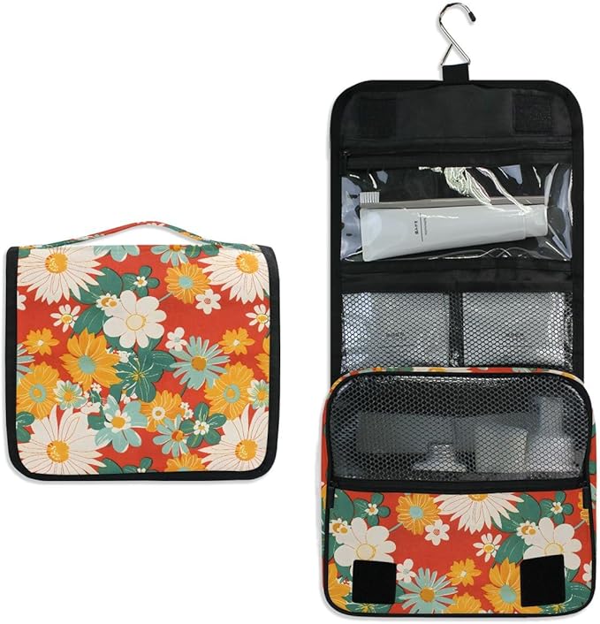 senya Hanging Travel Toiletry Bag Kit Boys Makeup Case Cosmetics Organizer for Men Women (Flowers Retro)