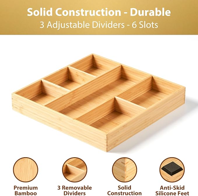 Umilife Bamboo Desk Drawer Organizer, Wood Office Junk Tray, 12"x12" | 1.8" Tall for Shallow Drawer - Adjustable dividers - Anti Slip Silicone Pads - Versatile Storage Box in Kitchen, Pantry