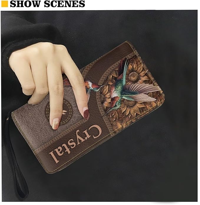 Bulopur Custom Name Wallet for Women Hummingbird Zip Around Wristlet Purses PU Leather Waterproof Minimalist Wallet Long Handbags Coin Cash Holder for Travel Shopping Work