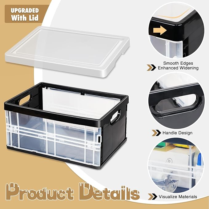 10 Quart Plastic Storage Bins With Lids, Clear Foldable and Stackable Containers Organize,Classroom Organization Tools (Black)