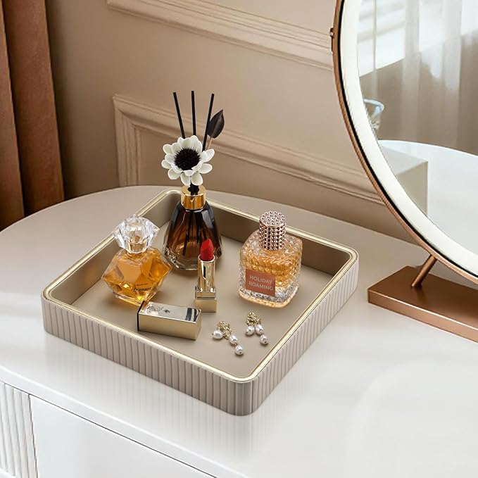 GORESE Square Perfume Tray Nightstand Organizer, PU Leather Purse Bowl Jewelry Trays for Dresser, Trinket Dish Catchall Bowl for Keys, Decorative Vanity Tray, Gift for Women, Beige(9.3'' × 9.3'')
