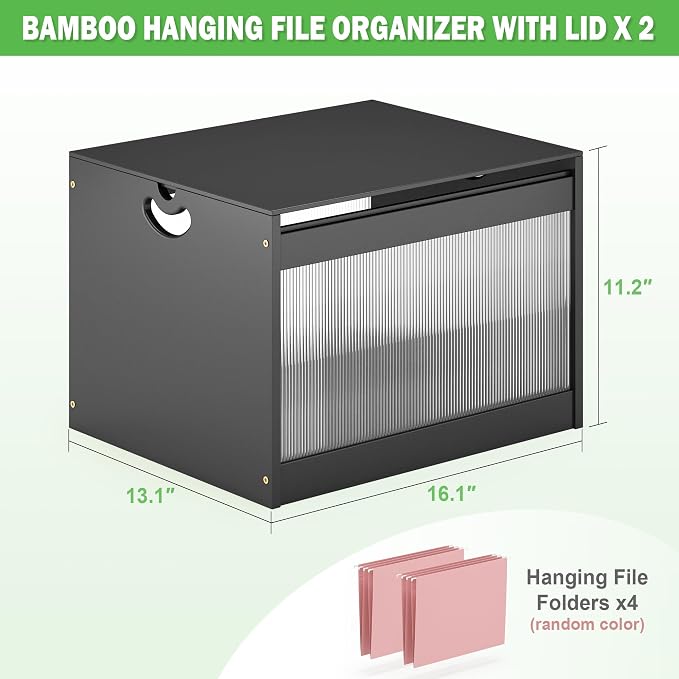 Hanging File Box Organizer for Letter Size, 2 Pack Bamboo Acrylic File Folder Storage with Lid Clear Moving Boxes Wood with Handle Desktop Filing Holder for Office Banker Document