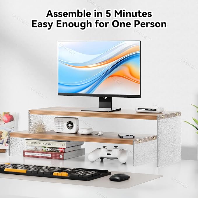 Adjustable Monitor Stand Riser with Acrylic Legs丨7.67" Wide Dual Monitor Stand for Desk丨2-Tier Wood Desktop Organizer for Computer, Laptop, Printer & PC丨Modern Aesthetic Desk Shelf(wood-glacial striae)