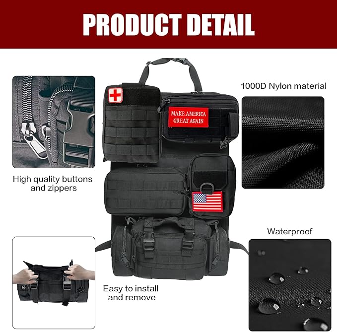 Tactical Car Seat Back Organizer,Tactical Molle Seat Back Organizer with 5 Detachable Molle Pouch,Velcro Label Can Be Removed,Universal Fits for Car Truck Jeep Vehicle