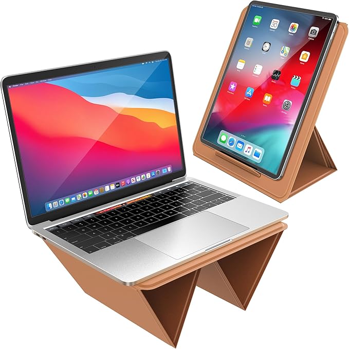 AboveTEK Portable 2-in-1 Foldable iPad & Laptop Holder for Desk, Adjustable Travel Stand for 14"17" MacBook Air/Pro/Tablets/Kindle, Ultra-Sleek PU Leather Computer Riser