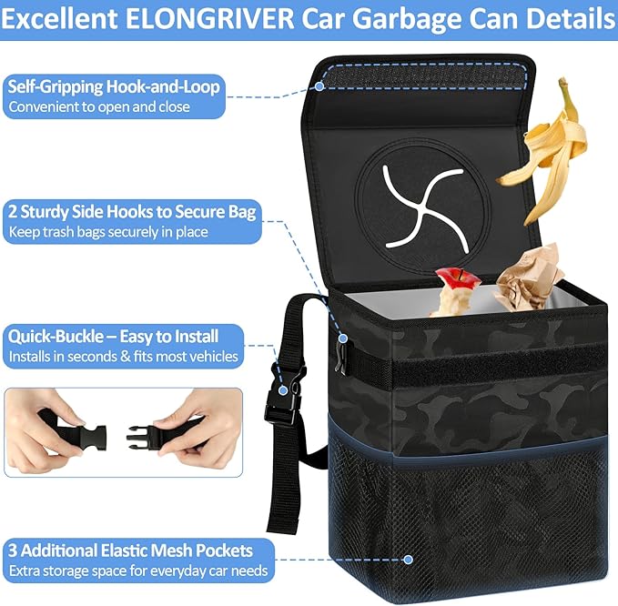 ELONGRIVER Car Trash Can Bin for Back Seat Leak Proof, Cute Car Trash Bag Hanging, Vehicle Trash Can for SUV Truck Van, Automotive Garbage Cans Front Seat Camo Black