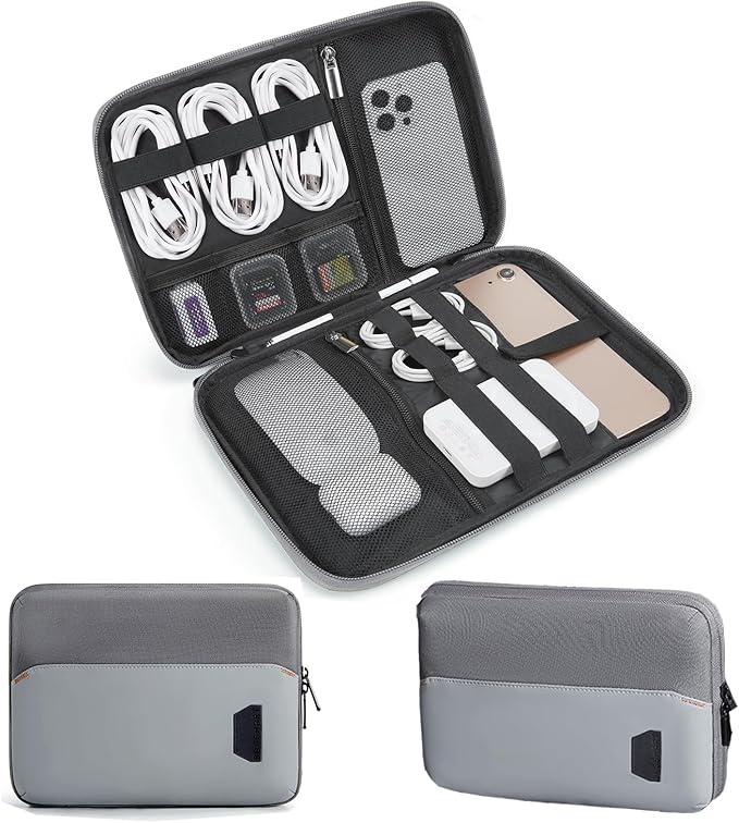 BAGSMART Electronics Travel Organizer Case for 10.2 Inch Tablets, Tech Pouch Essentials for Power Bank, SD Cards, Cord and Cable Storage Bag, Grey