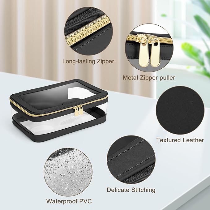 Soimeat Travel Clear Makeup Bag with Makeup Brush Bag, Leather Makeup Case Toiletry Bag, Portable Cosmetic Bag Case, Transparent Waterproof Cosmetic Organizer Storage Bag for Women, Medium, Black
