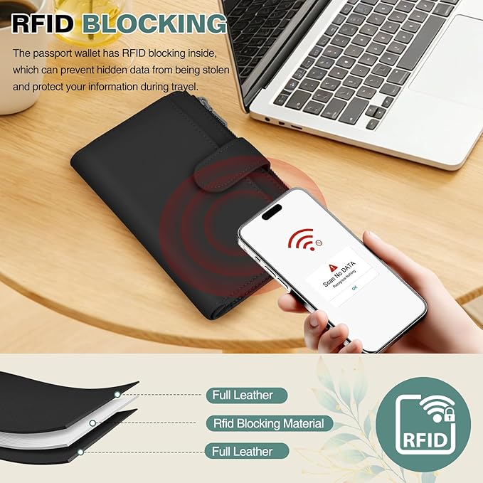 Passport Holder for Travel, Leather Passport Wallet with Airtag Slot, RFID Blocking Travel Wallet for Women Men, Passport Cover with Air Ticket Card Cash Coin Pocket, Travel Essentials Gift