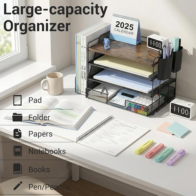 OPNICE Wood Desk Organizers and Accessories, 4-Tier Desktop File Organizer with Drawer and 2 Pen Holders, Office Desk Accessories Workspace Organizers for Office Supplies(Wood)