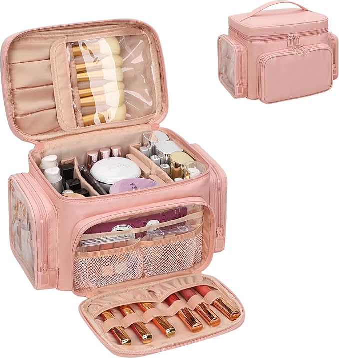 Bagmoly Large Makeup Bag, Portable Travel Makeup Bag Organizer for Women Girls with Makeup Brush Compartment & Two Side Pockets, Cosmetic Travel Bag Vertical Storage Toiletry - Pink
