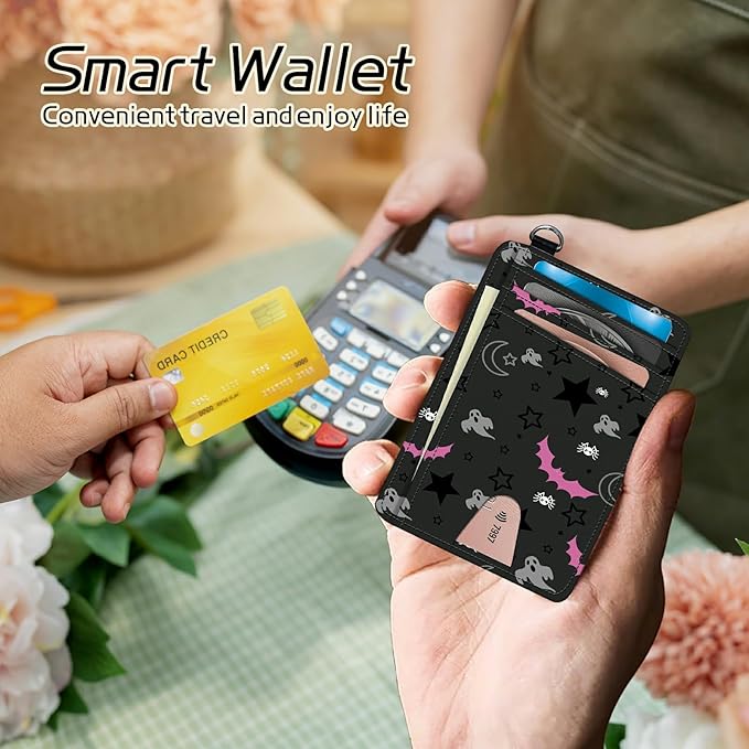 Small Travel Wallets, Gothic Skull Moon Stars Bat Slim Minimalist Front Pocket Wallet with Wristlet, RFID Blocking PU Leather Credit Card Holder with ID Window Change Purse for Men Women