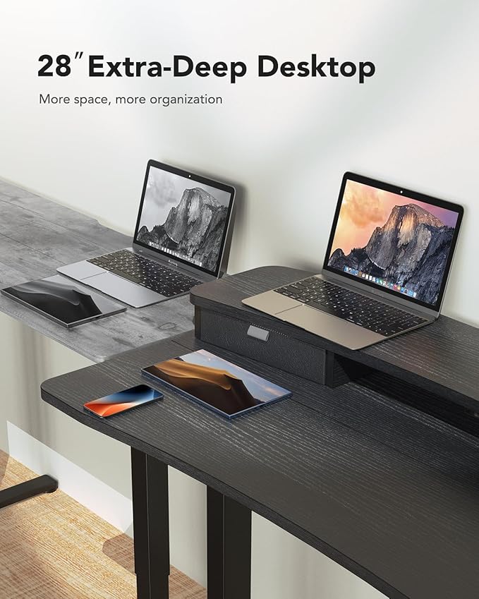 HUANUO 48″ x 28″ Electric Standing Desk with 2 Drawers, C-Clamp Mount Compatible, Height Adjustable Computer Desk, Home Office Stand Up Desk with 4 Preset Heights & 2 Hooks, Black