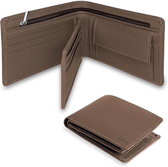 Premium Leather Mens Wallets ‒ RFID Blocking Wallet with Coin Pocket & Zip ‒ Bifold Wallets for Men with 12 Card Slots & 2 Bank Note Compartments ‒ Wallet with Gift Box (Brown)