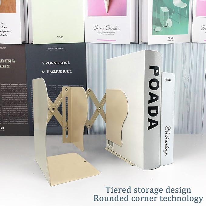 Adjustable Bookends, 19 inches 2 Dividers Heavy Duty Metal Book Holders, Book Storage Rack, Desk Organizer Magazine File Holder for Office, School, Bookstore and Home, Beige