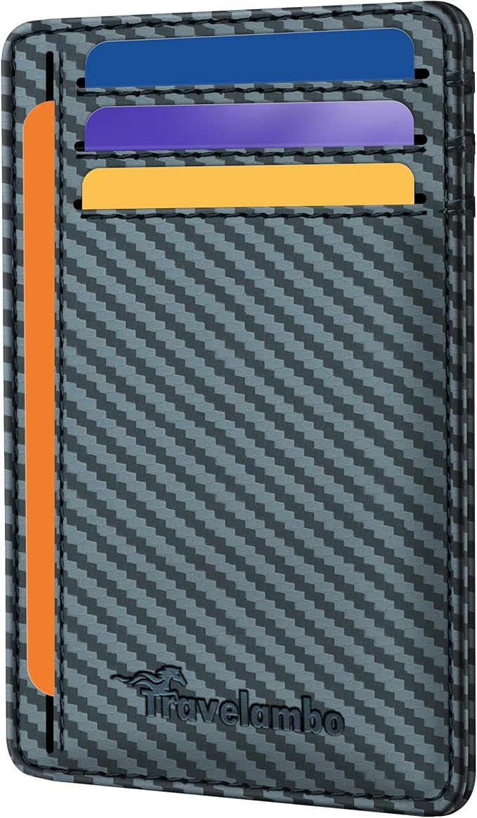 Travelambo Front Pocket Minimalist Leather Slim Wallet RFID Blocking Carbon Fiber Texture