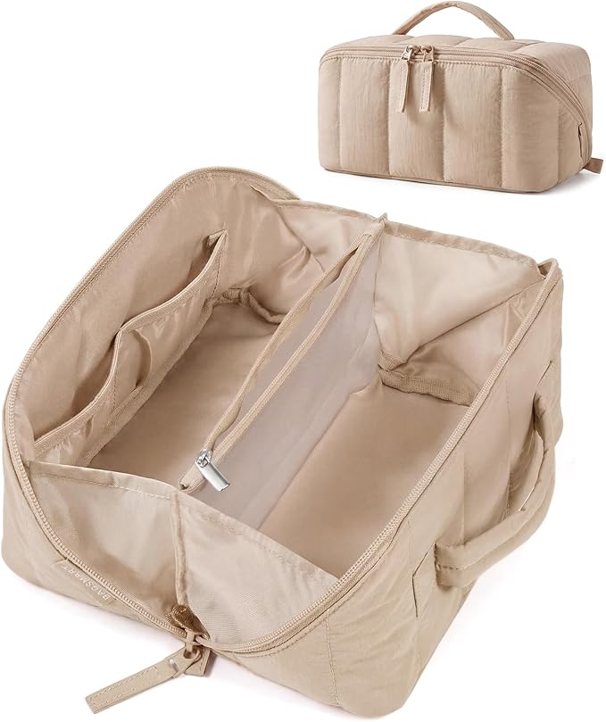 BAGSMART Travel Makeup Bag for Women, Portable Water-resistant Cosmetic Case, Puffy Padded Make Up Organizer Pouch, Open Flat Toiletry Bag for Toiletries, Brushes, Khaki