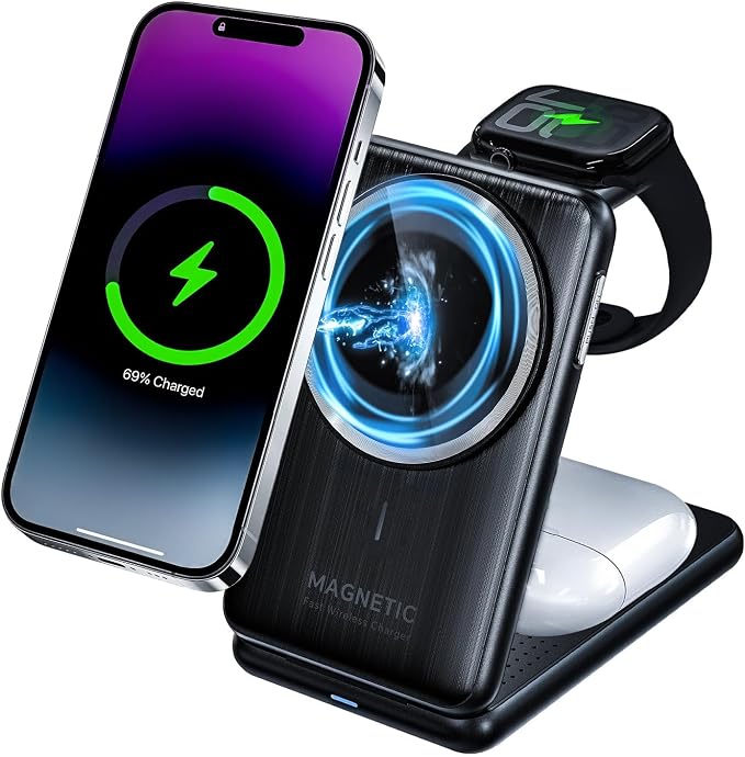 Upgraded 3-in-1 Magnetic Wireless Charger, Foldable Charging Station, Electromagnetic Induction Base,Compatible with MagSafe,Compatible with iPhone 12-17 Series, Apple Watch, and AirPods