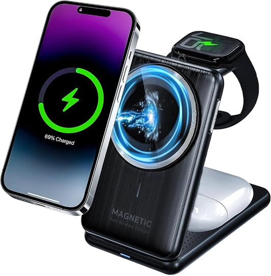 Upgraded 3-in-1 Magnetic Wireless Charger, Foldable Charging Station, Electromagnetic Induction Base,Compatible with MagSafe,Compatible with iPhone 12-17 Series, Apple Watch, and AirPods