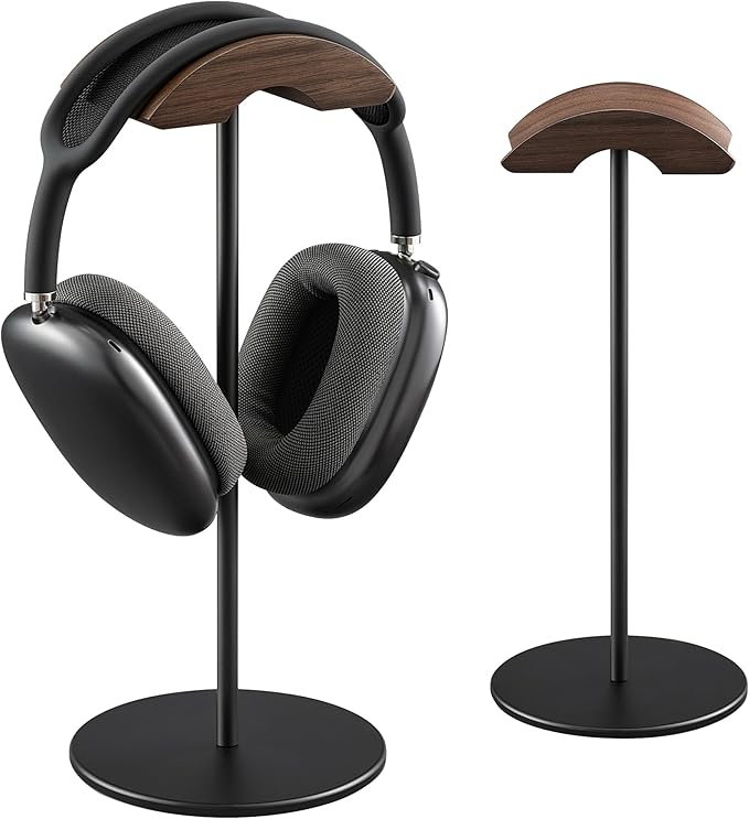 Headphone Stand, Walnut Wood & Aluminum Headset Stand, Nature Walnut Gaming Headset Holder with Solid Heavy Base for All Headphone Sizes (Black)
