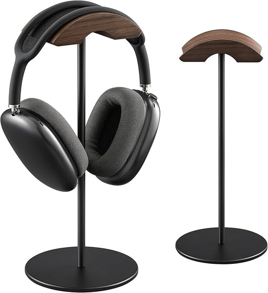 Headphone Stand, Walnut Wood & Aluminum Headset Stand, Nature Walnut Gaming Headset Holder with Solid Heavy Base for All Headphone Sizes (Black)