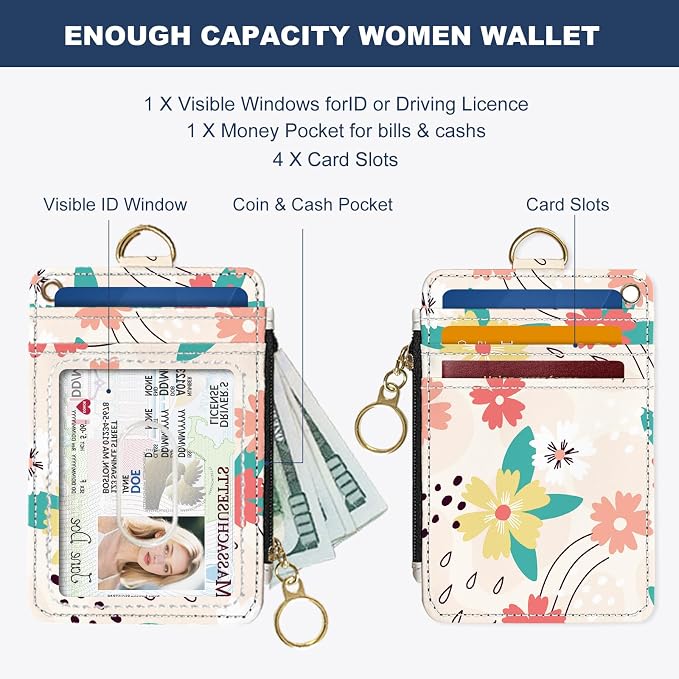Slim Wallet Credit Card Holder, Pink and green flowers, RFID Wallet Women Cute Small Front Pocket Wallet With Zipper, PU Leather Thin travel RFID Blocking Card Case ID Window,Ladies Gifts