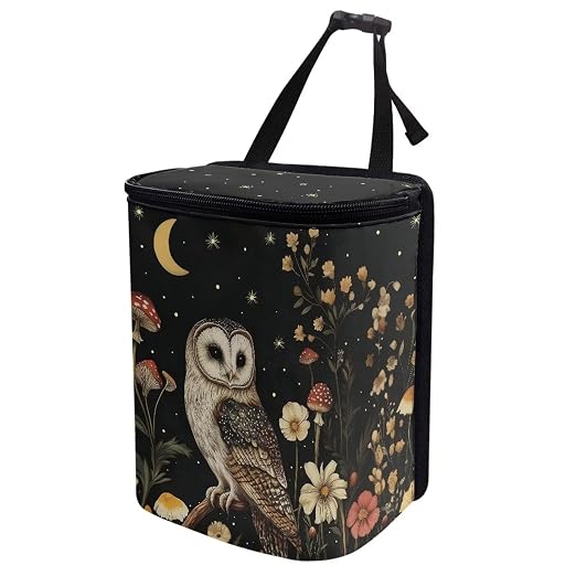 Talayituse Owl Mushroom Daisy Flower Print Car Trash Bin, Large Size Auto Trash Can Adjustable Portable Garbage Can with Lid, Vehicle Hanging Bag for Headrest Front Back Seat