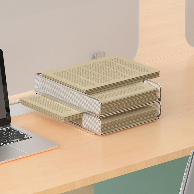 Steel Mesh Side Open Tray for Desk Organizer, 1 or 2 Directions, Stackable, Magnetic (Silver)